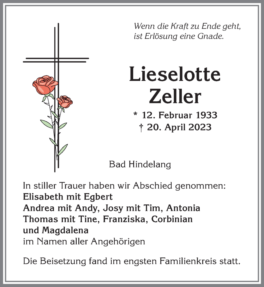 Traueranzeige von Lieselotte Zeller von Allgäuer Anzeigeblatt