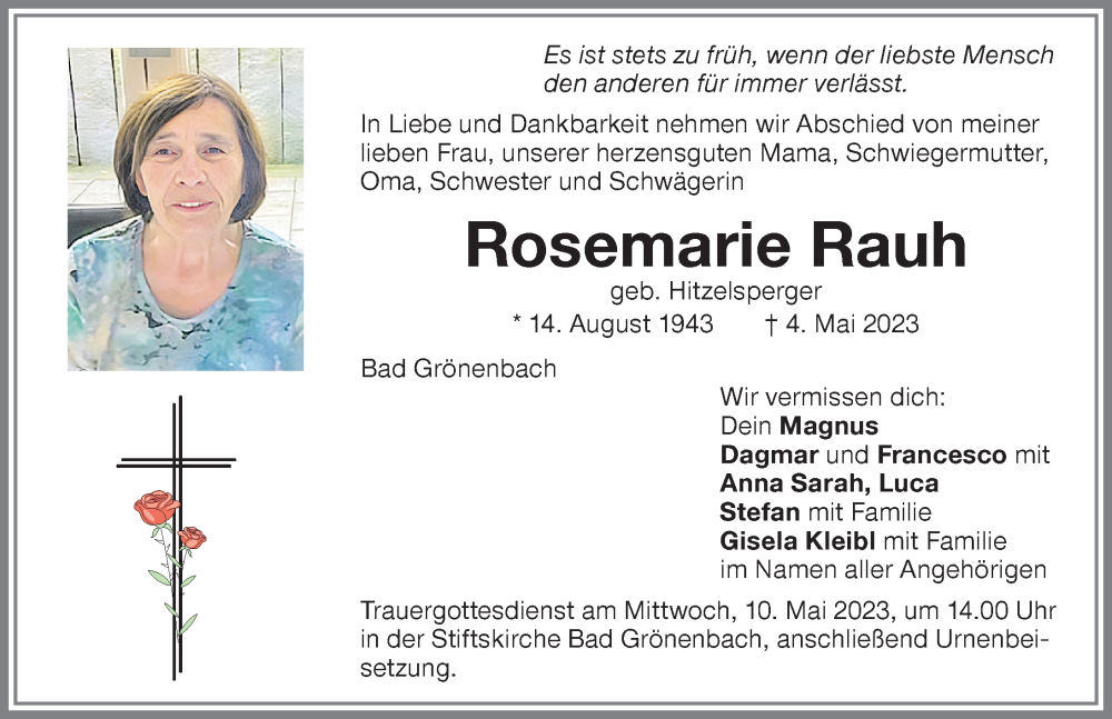 Traueranzeige von Rosemarie Rauh von Memminger Zeitung