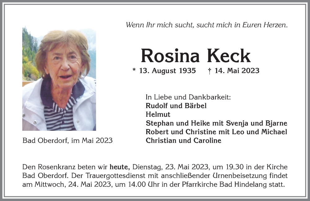 Traueranzeige von Rosina Keck von Allgäuer Anzeigeblatt