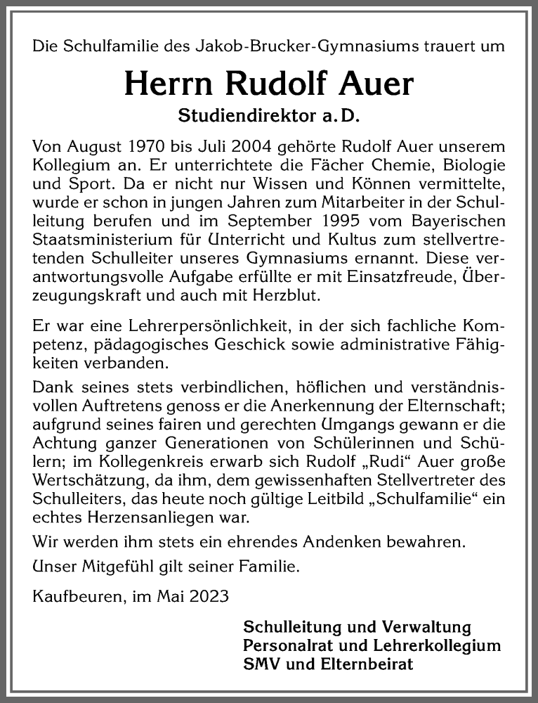 Traueranzeige von Rudolf Auer von Allgäuer Zeitung, Kaufbeuren/Buchloe