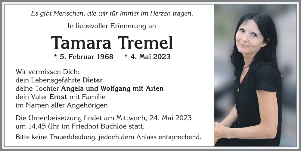 Traueranzeige von Tamara Tremel von Allgäuer Zeitung, Kaufbeuren/Buchloe