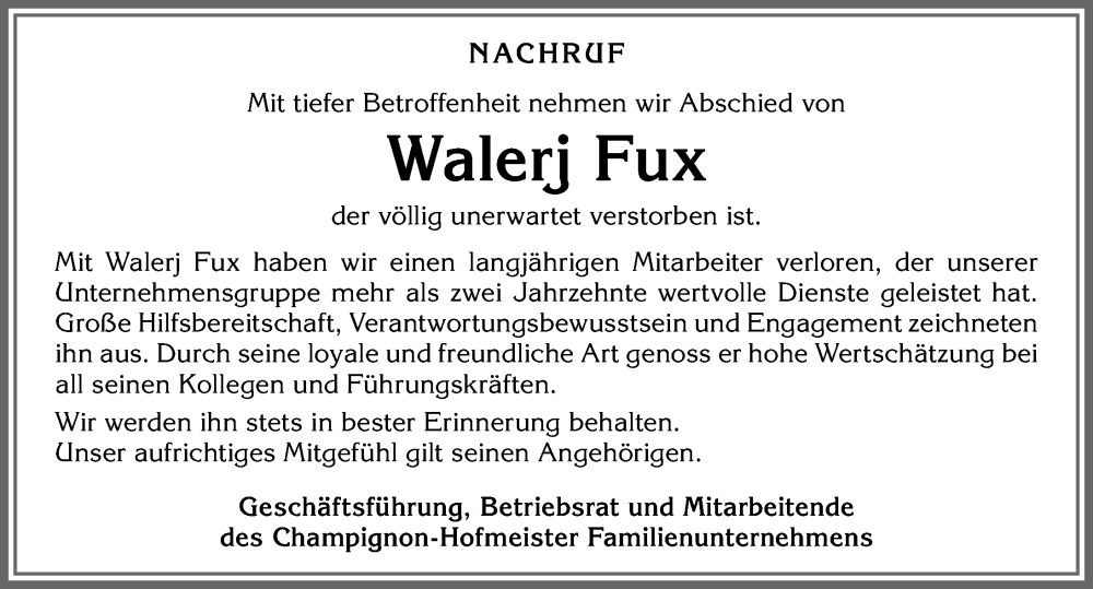 Traueranzeige von Walerj Fux von Allgäuer Zeitung,Kempten