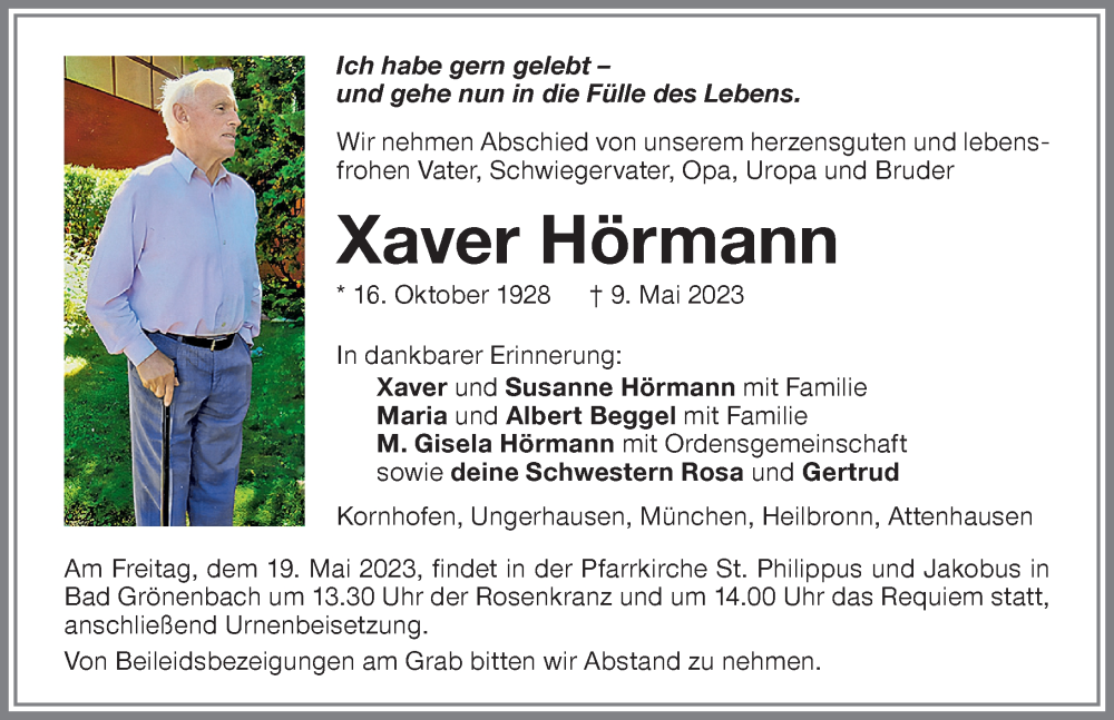 Traueranzeige von Xaver Hörmann von Memminger Zeitung