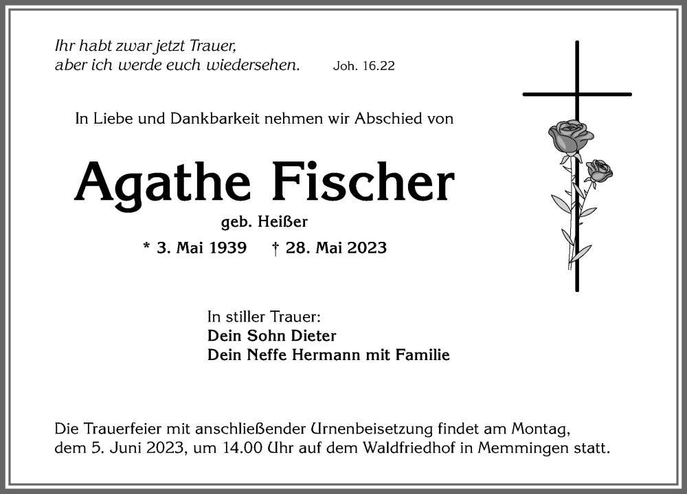 Traueranzeige von Agathe Fischer von Memminger Zeitung