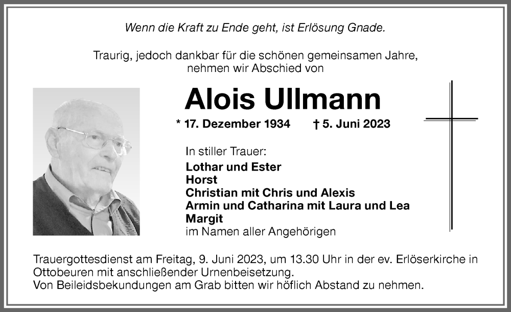 Traueranzeige von Alois Ullmann von Memminger Zeitung
