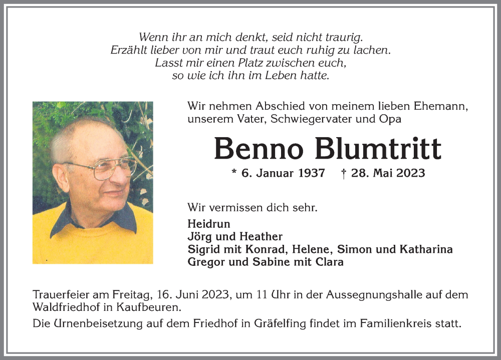 Traueranzeige von Benno Blumtritt von Allgäuer Zeitung, Kaufbeuren/Buchloe