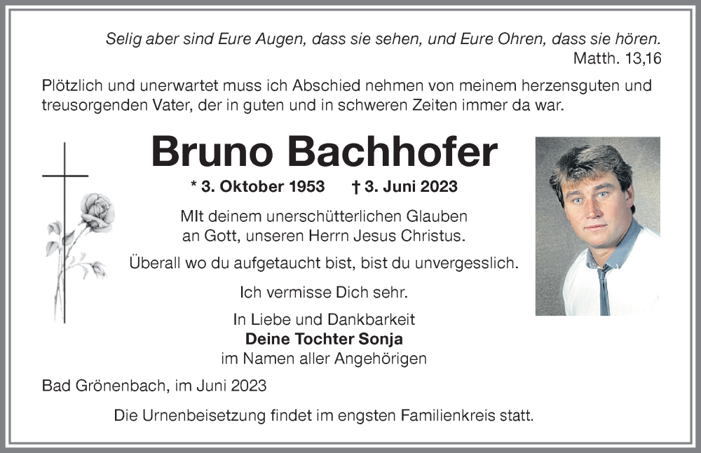 Traueranzeige von Bruno Bachhofer von Memminger Zeitung