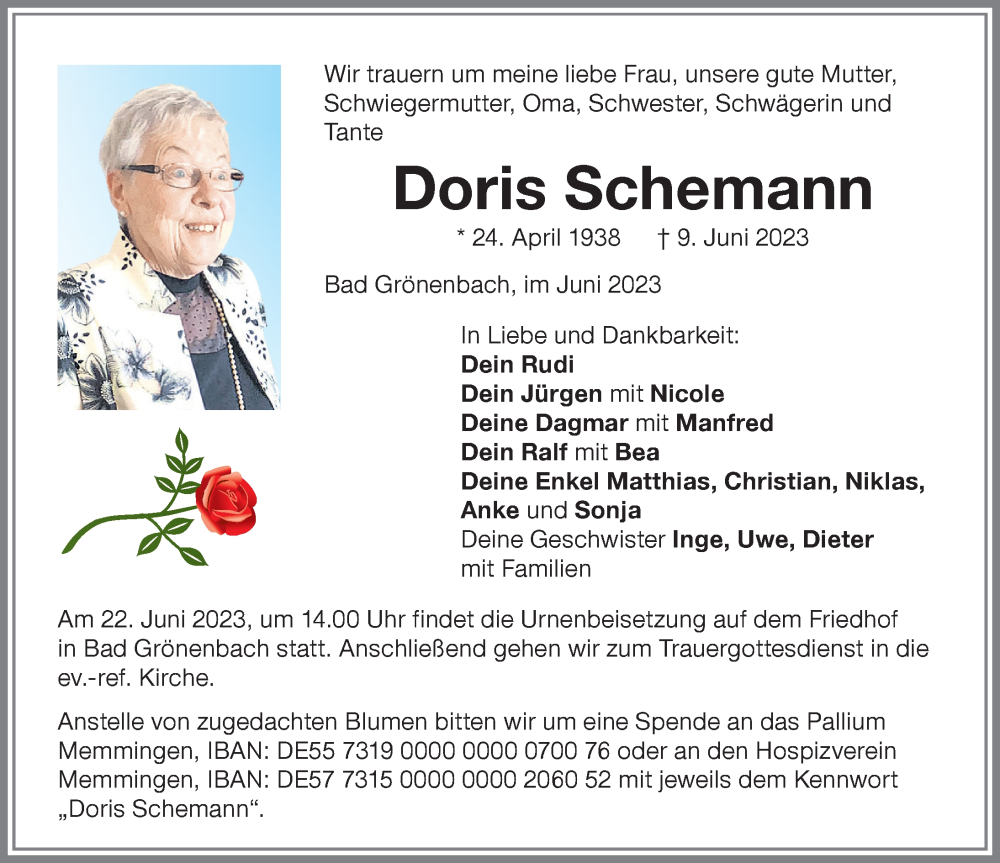 Traueranzeige von Doris Schemann von Memminger Zeitung