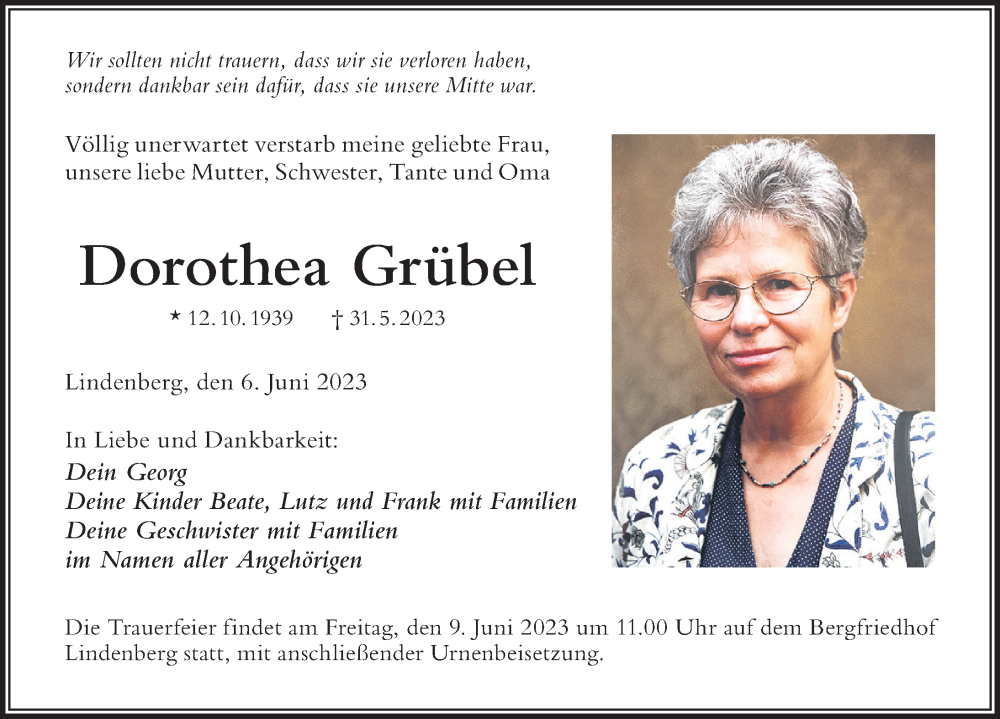 Traueranzeige von Dorothea Grübel von Der Westallgäuer