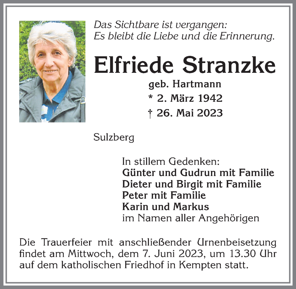 Traueranzeige von Elfriede Stranzke von Allgäuer Zeitung,Kempten