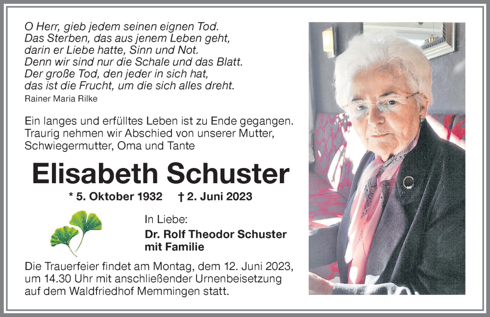 Traueranzeige von Elisabeth Schuster von Memminger Zeitung