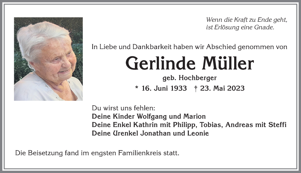 Traueranzeige von Gerlinde Müller von Allgäuer Anzeigeblatt