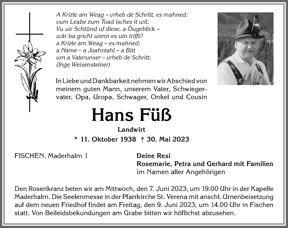 Traueranzeige von Hans Füß von Allgäuer Anzeigeblatt