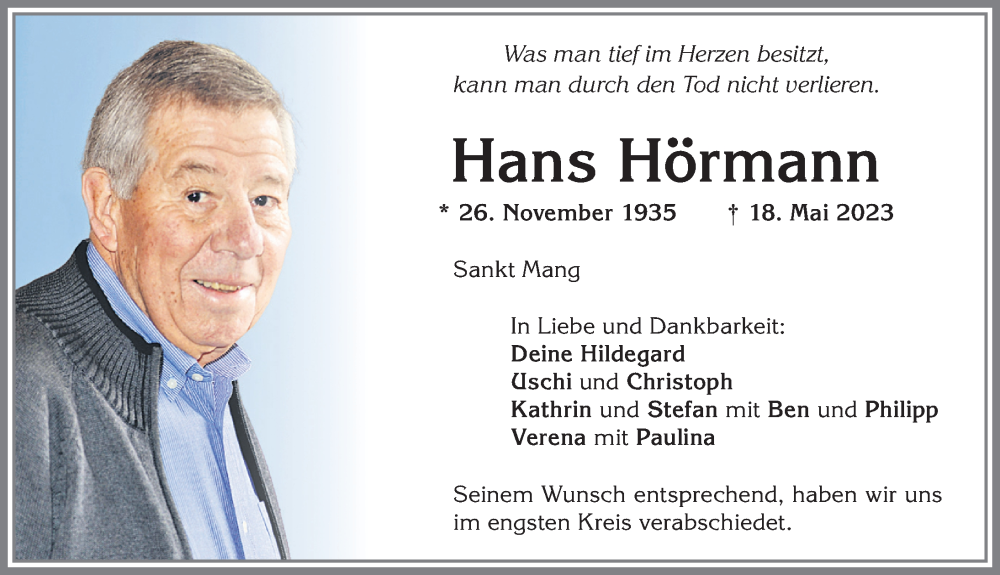 Traueranzeige von Hans Hörmann von Allgäuer Zeitung,Kempten