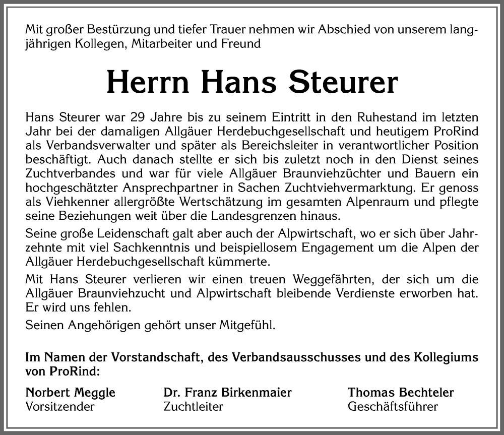 Traueranzeige von Hans Steurer von Der Westallgäuer