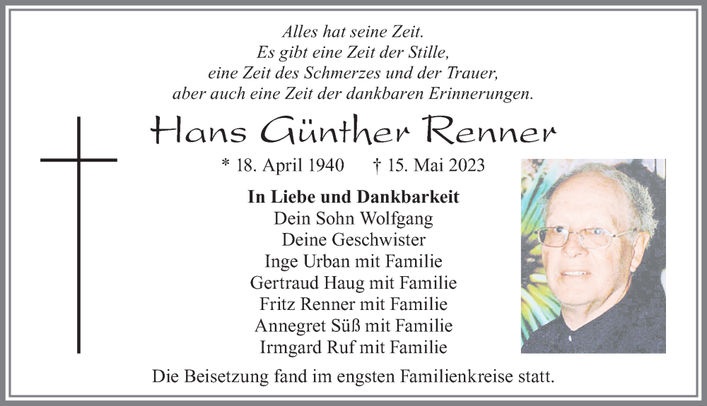 Traueranzeige von Hans Günther Renner von Allgäuer Zeitung, Marktoberdorf