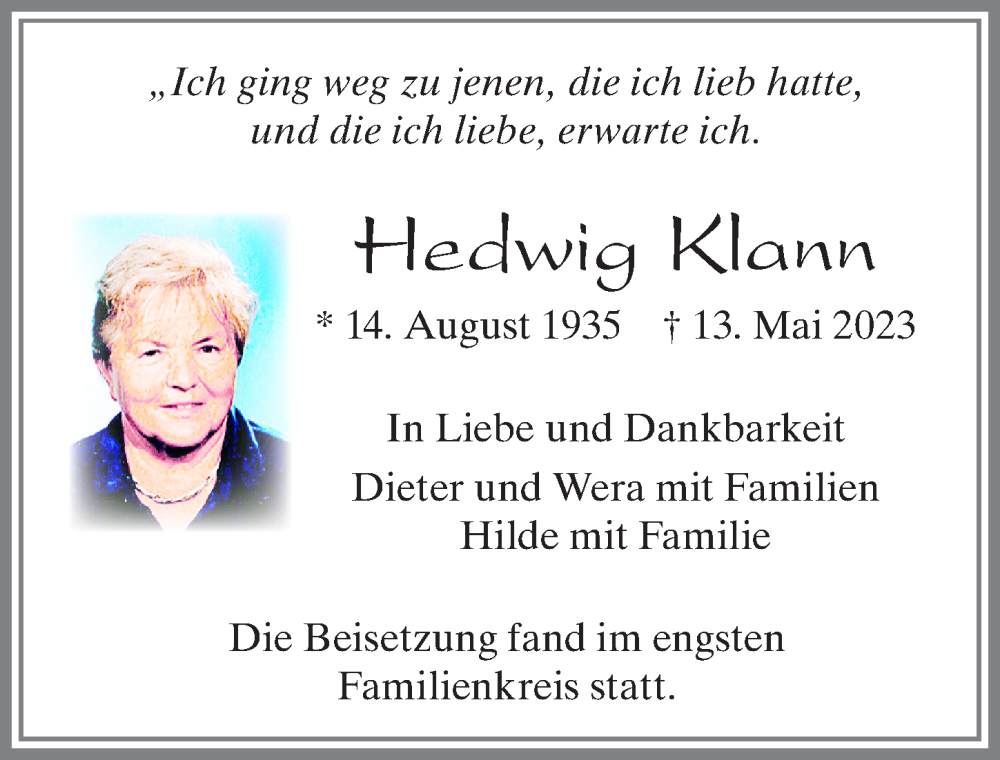 Traueranzeige von Hedwig Klann von Allgäuer Zeitung, Füssen