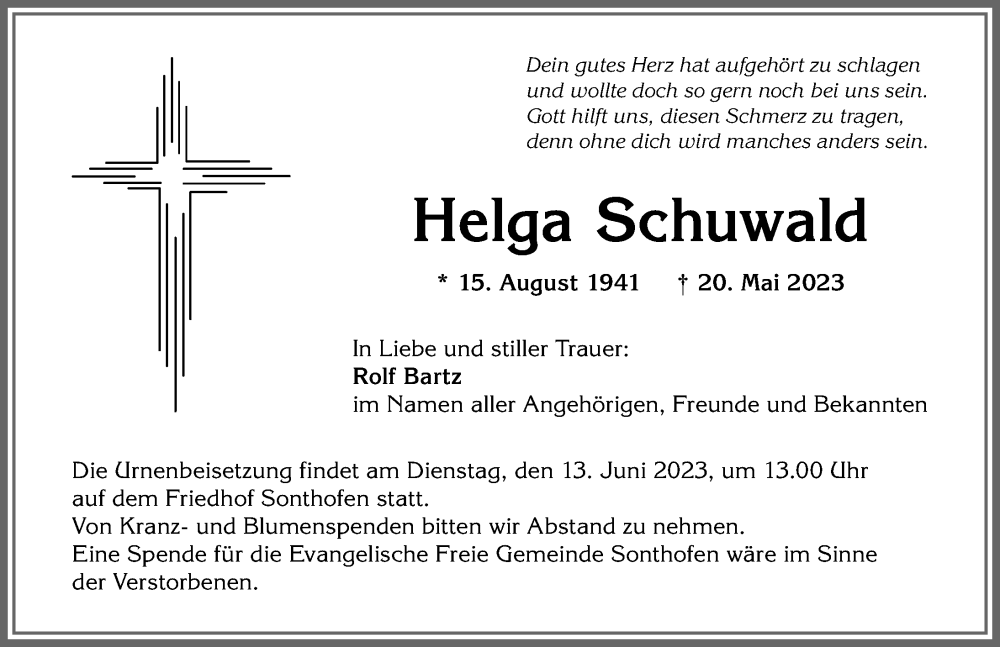 Traueranzeige von Helga Schuwald von Allgäuer Anzeigeblatt