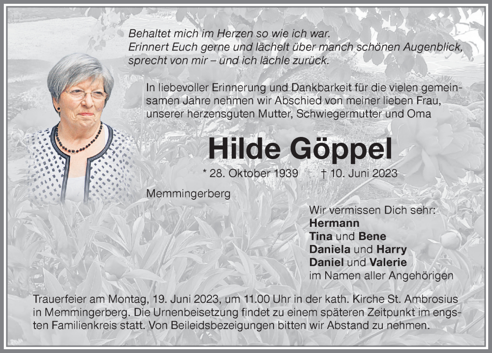 Traueranzeige von Hilde Göppel von Memminger Zeitung