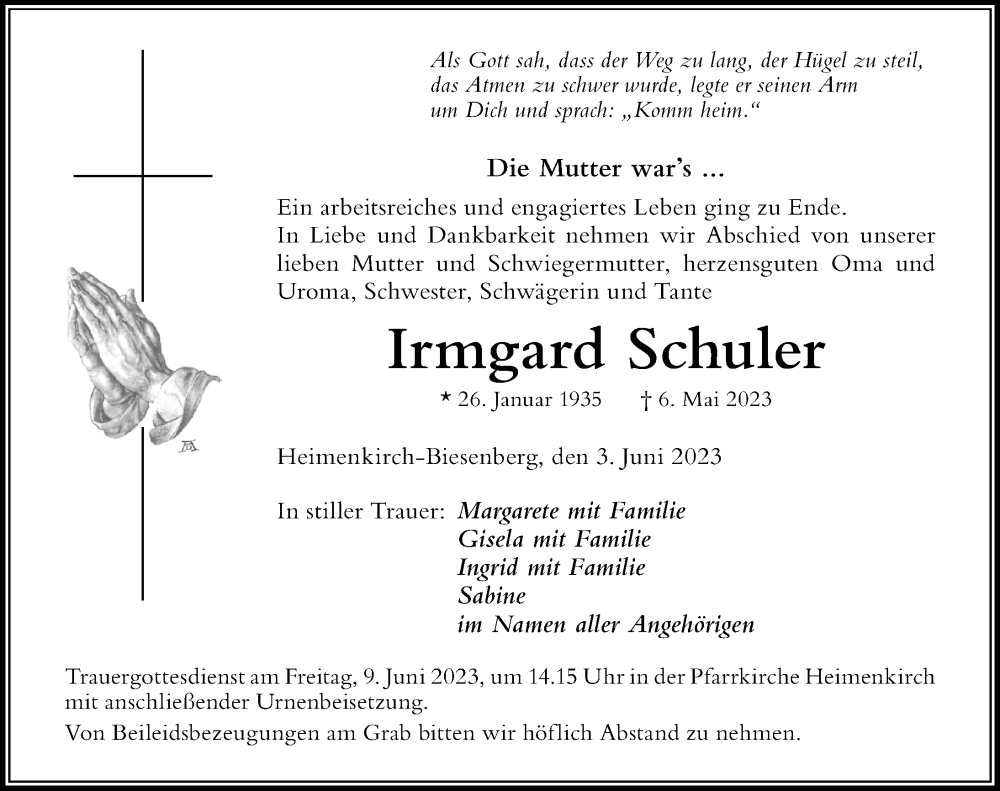 Traueranzeige von Irmgard Schuler von Der Westallgäuer