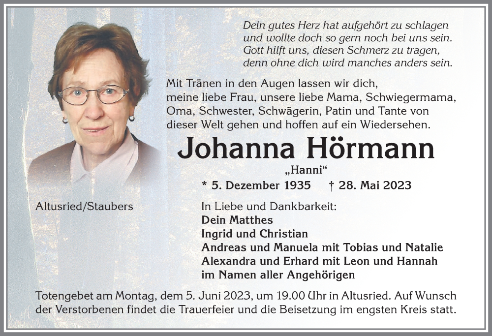 Traueranzeige von Johanna Hörmann von Allgäuer Zeitung,Kempten