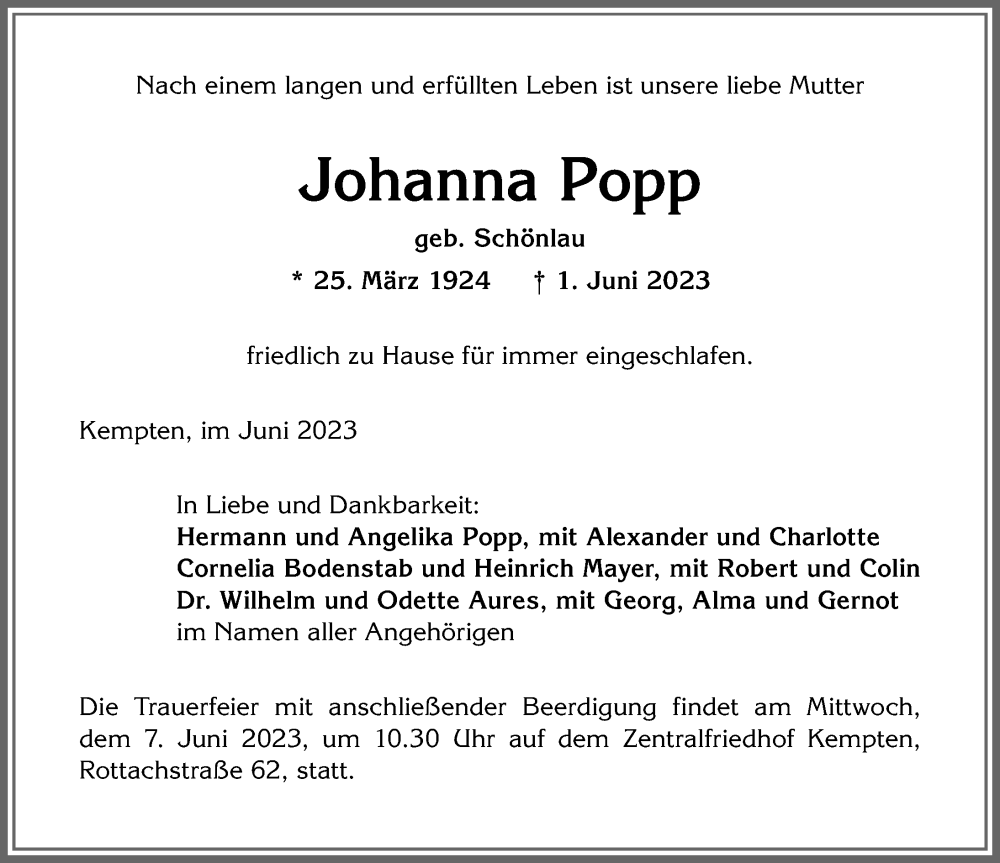 Traueranzeige von Johanna Popp von Allgäuer Zeitung, Kaufbeuren/Buchloe