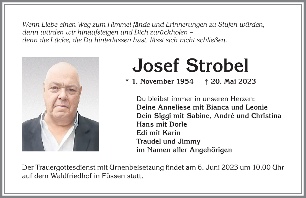 Traueranzeige von Josef Strobel von Allgäuer Zeitung, Füssen