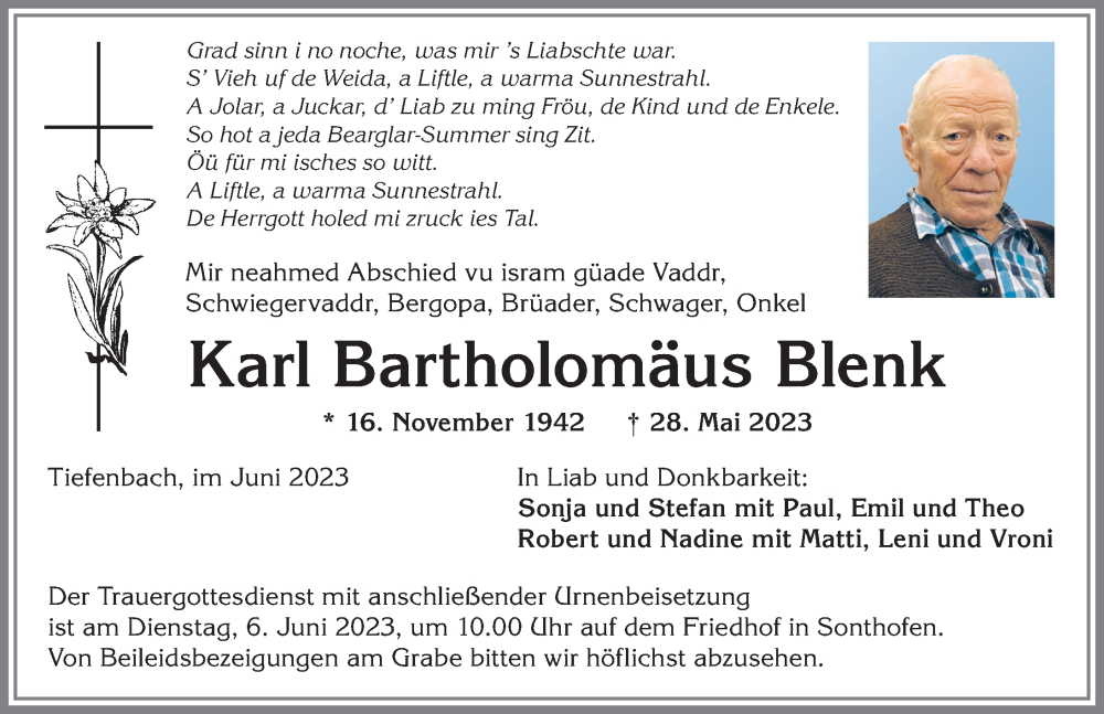 Traueranzeige von Karl Bartholomäus Blenk von Allgäuer Anzeigeblatt