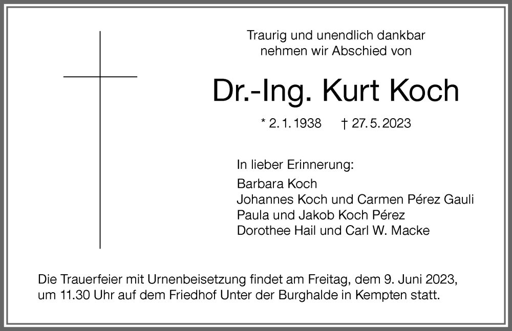 Traueranzeige von Kurt Koch von Allgäuer Zeitung,Kempten