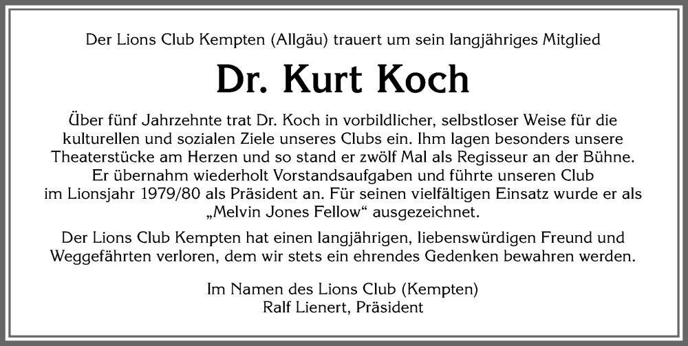 Traueranzeige von Kurt Koch von Allgäuer Zeitung,Kempten