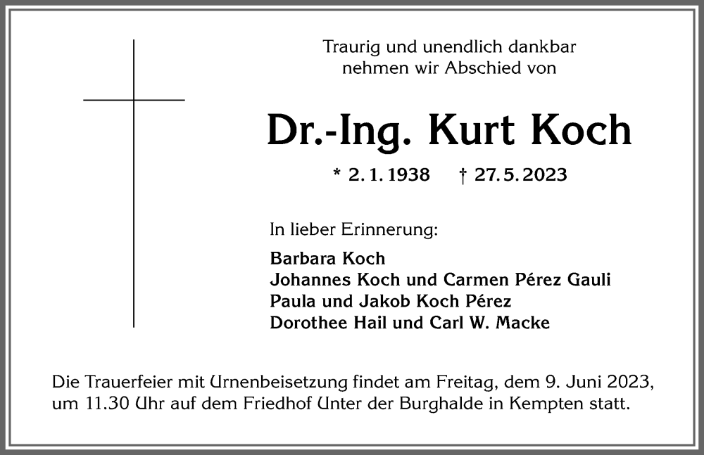 Traueranzeige von Kurt Koch von Allgäuer Anzeigeblatt