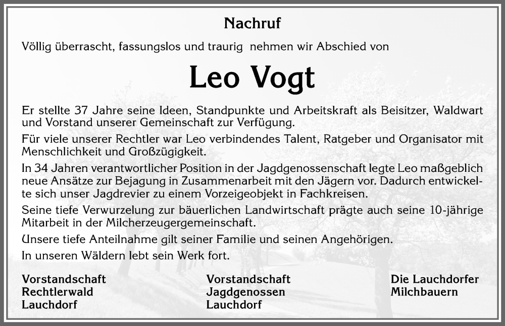 Traueranzeige von Leo Vogt von Augsburger Allgemeine, Mindelheimer Zeitung