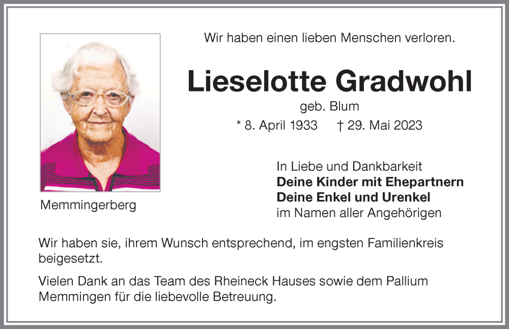 Traueranzeige von Lieselotte Gradwohl von Memminger Zeitung