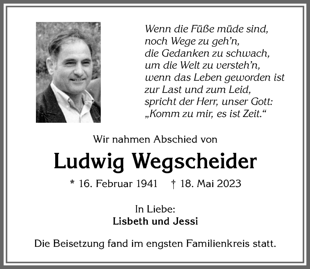 Traueranzeige von Ludwig Wegscheider von Allgäuer Zeitung,Kempten