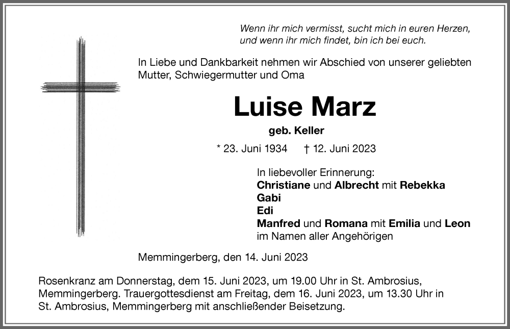 Traueranzeige von Luise Marz von Memminger Zeitung