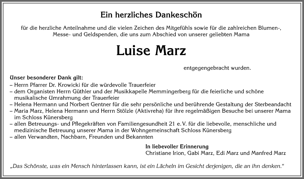 Traueranzeige von Luise Marz von Memminger Zeitung