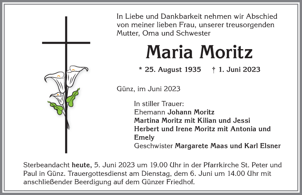 Traueranzeige von Maria Moritz von Memminger Zeitung