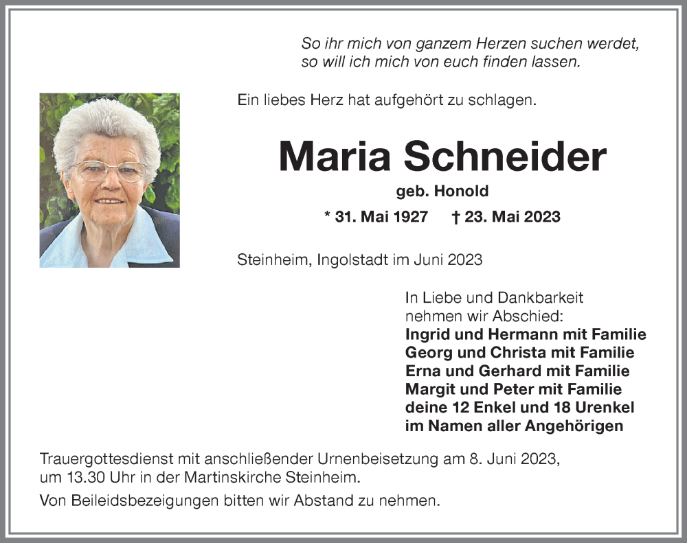 Traueranzeige von Maria Schneider von Memminger Zeitung