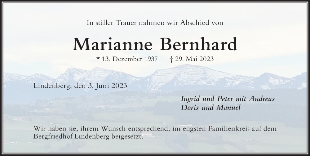 Traueranzeige von Marianne Bernhard von Der Westallgäuer