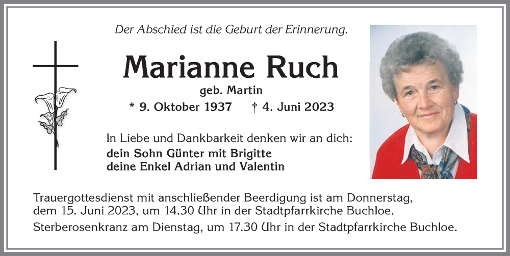 Traueranzeige von Marianne Ruch von Allgäuer Zeitung, Kaufbeuren/Buchloe