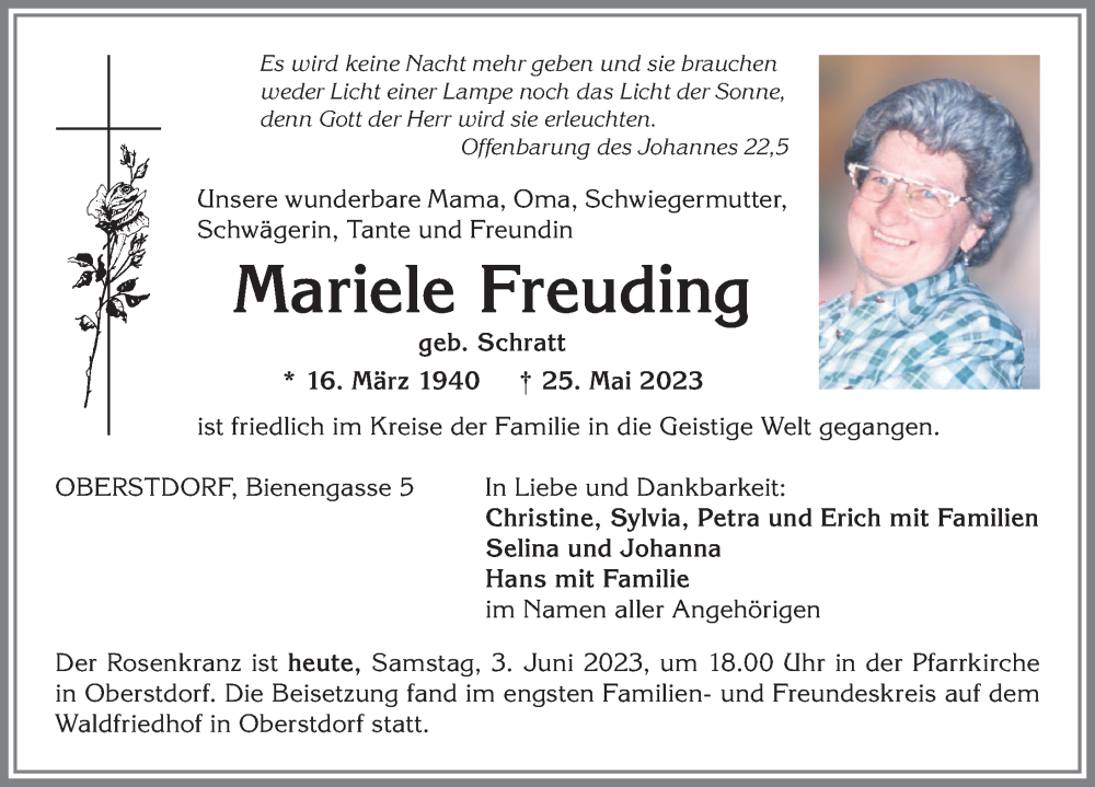 Traueranzeige von Mariele Freuding von Allgäuer Anzeigeblatt