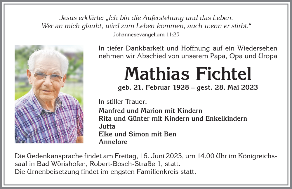 Traueranzeige von Mathias Fichtel von Allgäuer Zeitung, Kaufbeuren/Buchloe