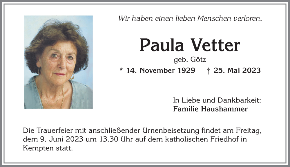 Traueranzeige von Paula Vetter von Allgäuer Zeitung,Kempten