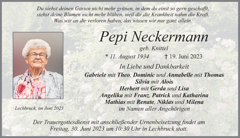 Traueranzeige von Pepi Neckermann von Allgäuer Zeitung, Füssen