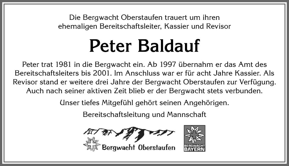 Traueranzeige von Peter Baldauf von Allgäuer Anzeigeblatt