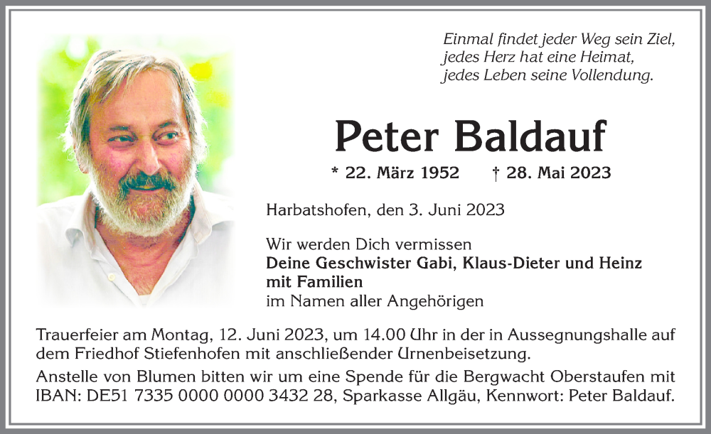 Traueranzeige von Peter Baldauf von Allgäuer Anzeigeblatt