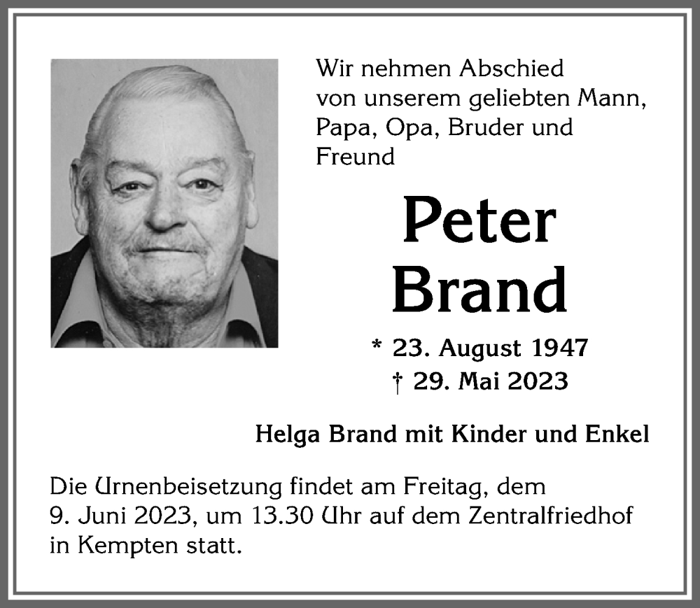 Traueranzeige von Peter Brand von Allgäuer Zeitung,Kempten