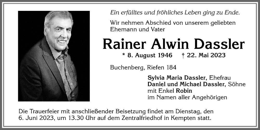 Traueranzeige von Rainer Alwin Dassler von Allgäuer Zeitung,Kempten