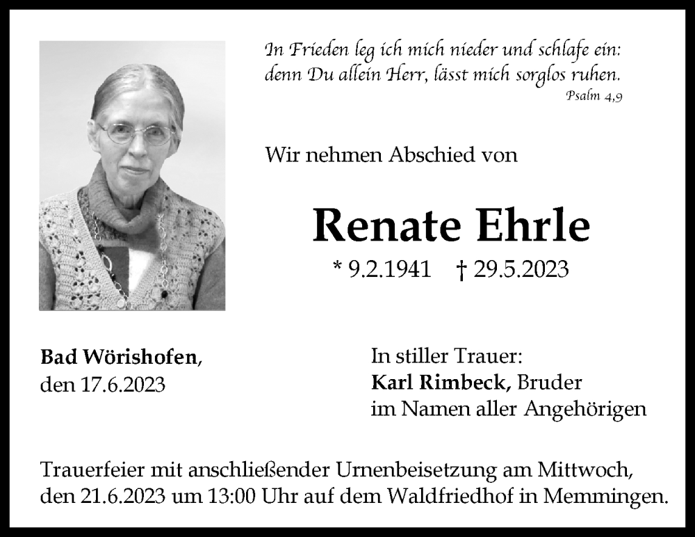 Traueranzeige von Renate Ehrle von Augsburger Allgemeine, Mindelheimer Zeitung