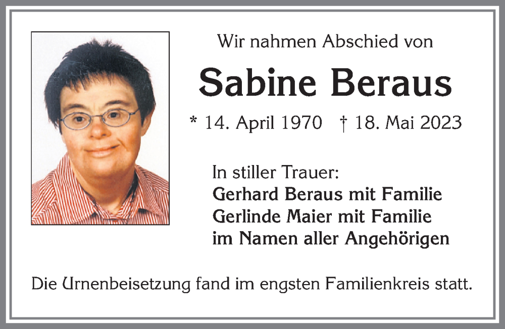 Traueranzeige von Sabine Beraus von Allgäuer Zeitung, Kaufbeuren/Buchloe